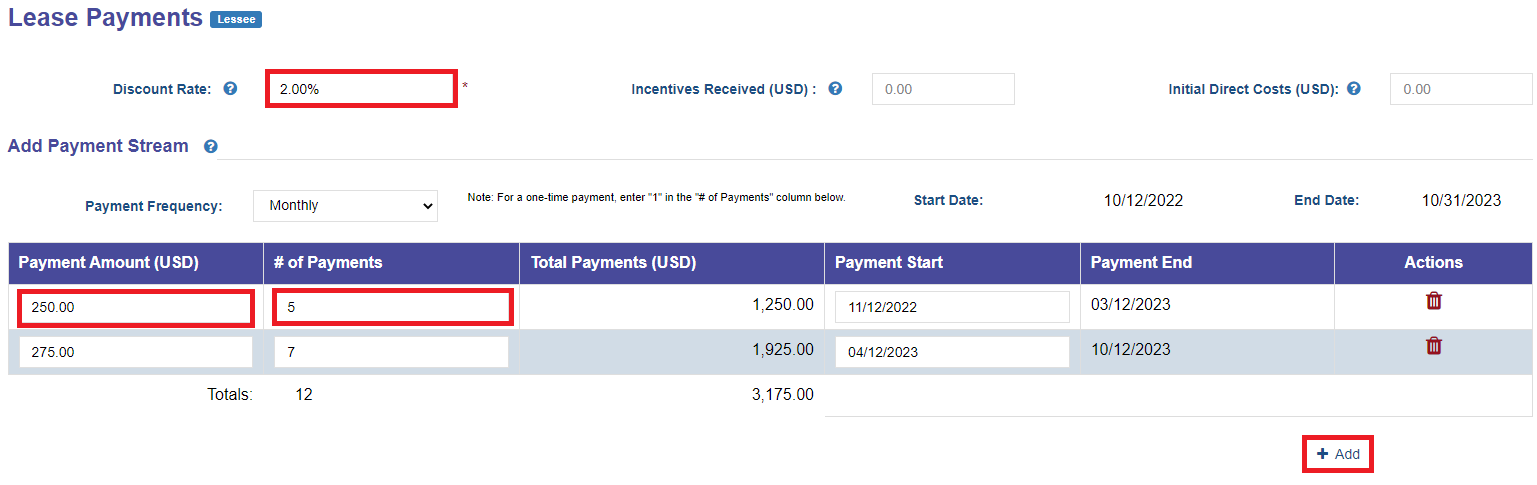 Lease payments/receipts tab